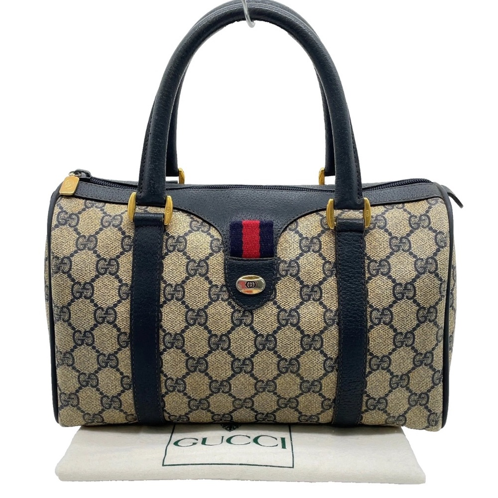 Authentic Gucci GG Supreme Sherry Line Navy Boston Bag with COA & Dustbag